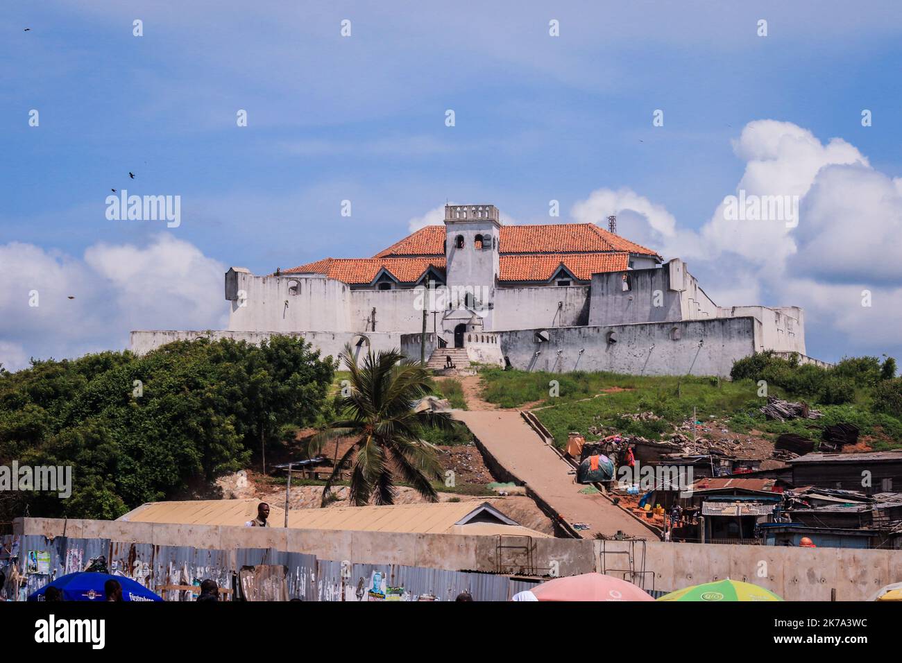 Elmina, Ghana - April 15, 2022: Panoramic View to the Elmina Slave Castle on the Atlantic Ocean Coast in Ghana Stock Photo