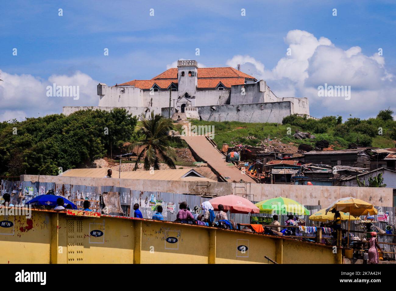 Elmina, Ghana - April 15, 2022: Panoramic View to the Elmina Slave Castle on the Atlantic Ocean Coast in Ghana Stock Photo