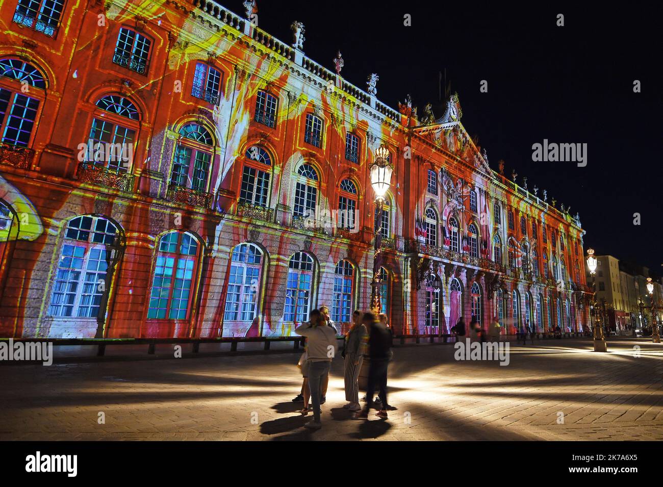 First projection of the show while images 'Nocturnal colors' on the facade of the town hall, place Stanislas in Nancy On Saturday July 12, 2020. Stock Photo