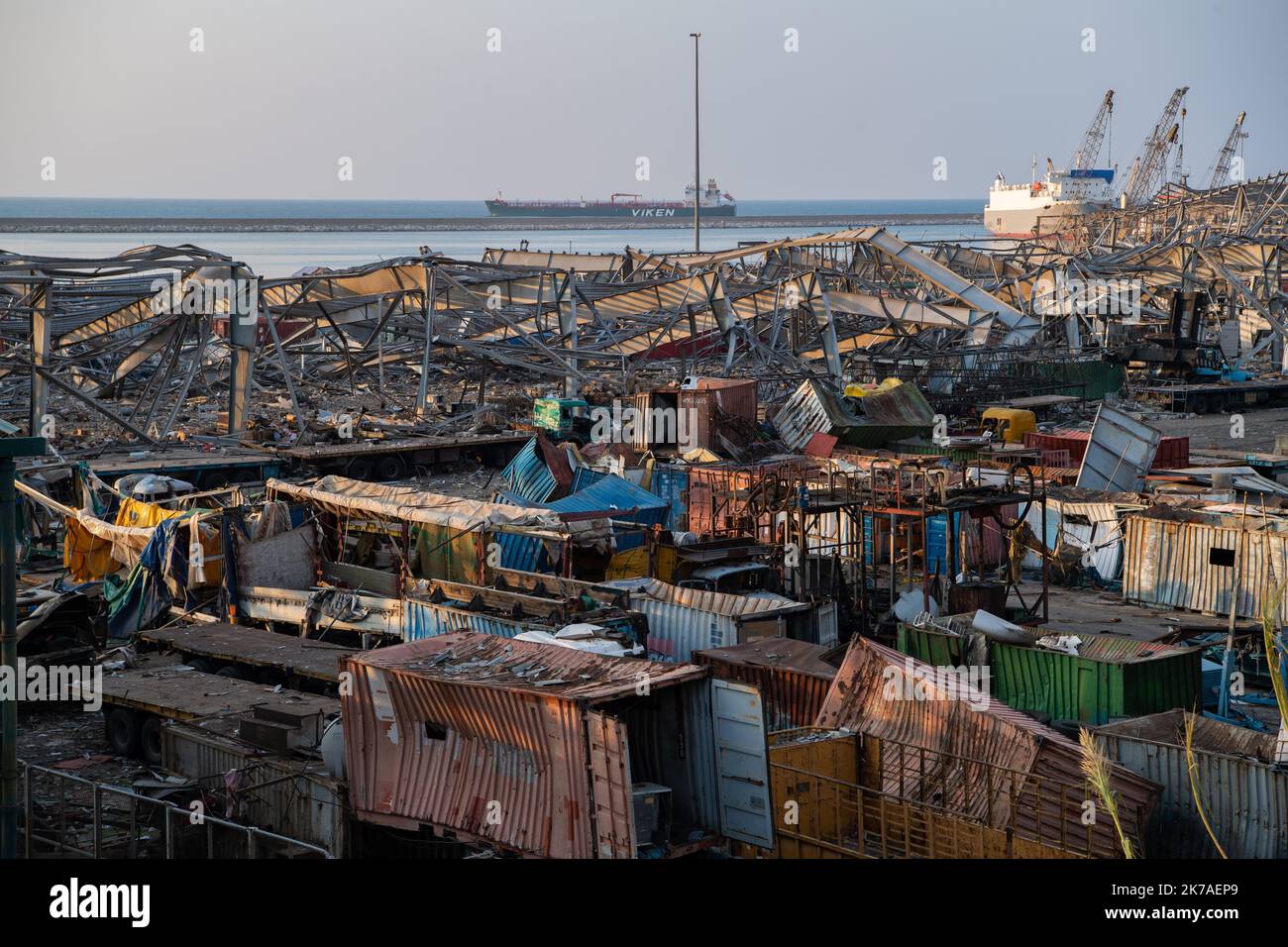 ©CAROLINE BLUMBERG/MAXPPP - BEIRUT, Aug. 12, 2020 - Damage to the port ...