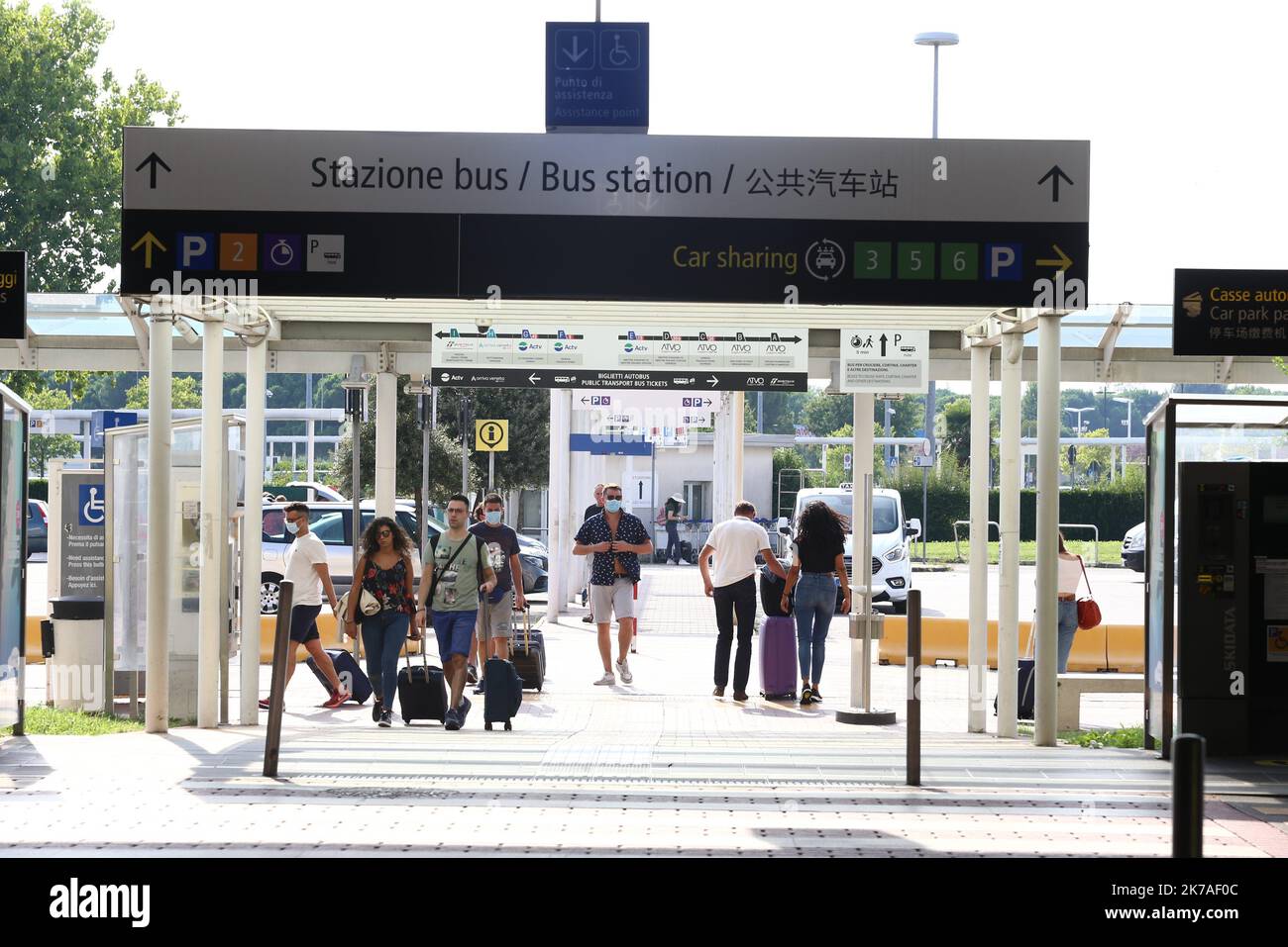 ©Pierre Teyssot/MAXPPP ; Coronavirus Outbreak - Marco Polo Airport on 12th of August 2020, Venice, Italy. A reduction in air traffic and the number of tourists coming by air and transiting through the airport to visit the Serenissima is being observed due to the Covid-19 pandemic. The tourism economy is in deep crisis. Access to the bus station. Â© Pierre Teyssot / Maxppp  Stock Photo