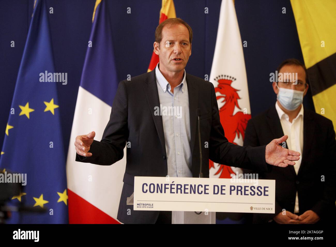 ©PHOTOPQR/NICE MATIN/Dylan Meiffret ; Nice ; 19/08/2020 ; conférence de presse de Christian Prudhomme en mairie de Nice, sur le tour de france dont le départ se fera dans 10 jours à Nice. Nice, France, august 19th 2020 - Press conference 10 days before the star of the cycling race Tour de France Christian Prodhomme, TDF head  Stock Photo