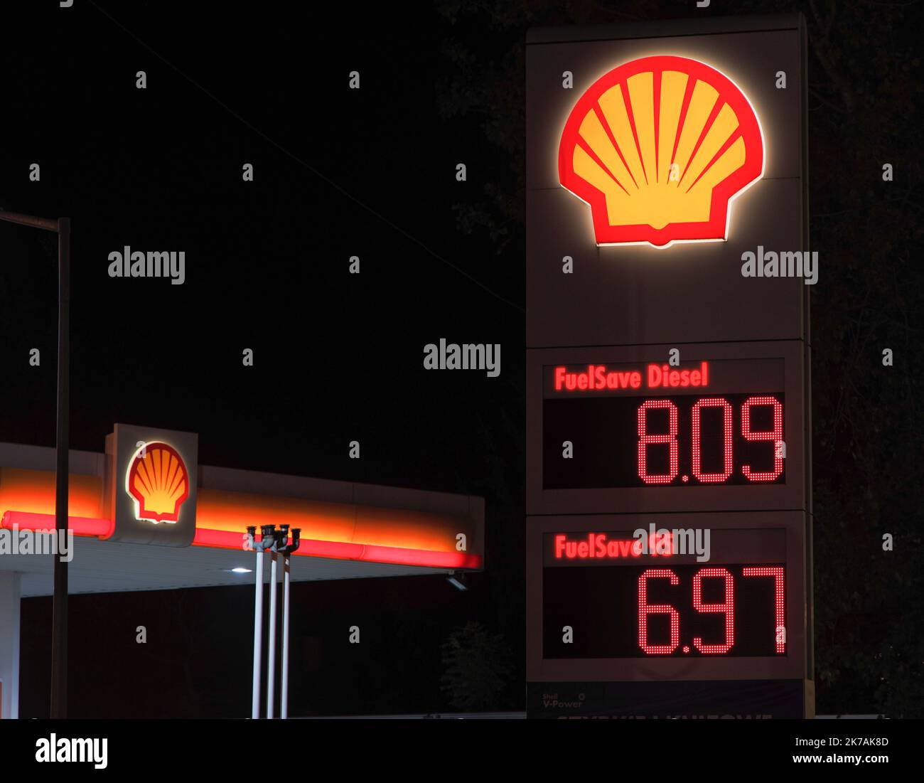 A Shell gas station is seen with prices advertised for regular and diesel fuel in Warsaw, Poland