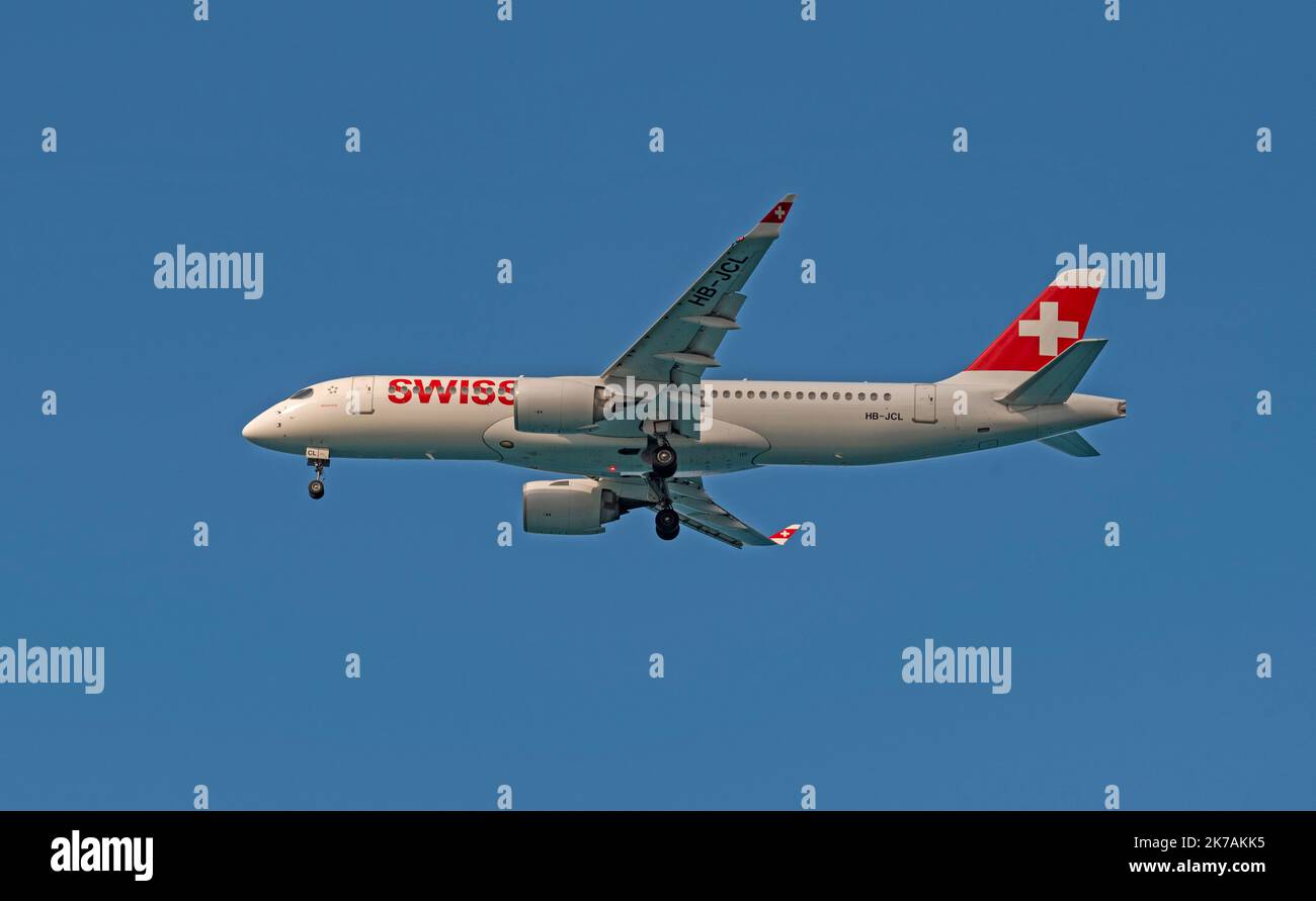 Crete, Greece. 2022. Twin jet A220-300 on final approach to Heraklion International Airport in Crete, Greece. Stock Photo