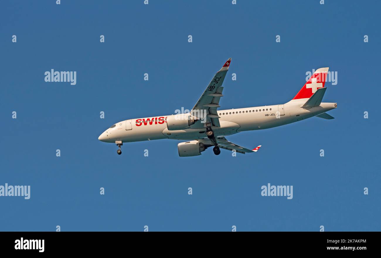 Crete, Greece. 2022. Twin jet A220-300 on final approach desending into Heraklion International Airport in Crete, Greece. Stock Photo