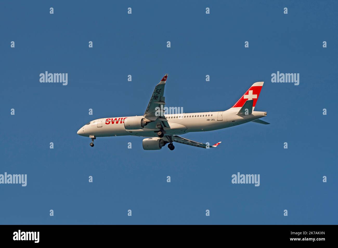 Crete, Greece. 2022. Twin jet A220-300 on final approach to Heraklion International Airport in Crete, Greece. Stock Photo