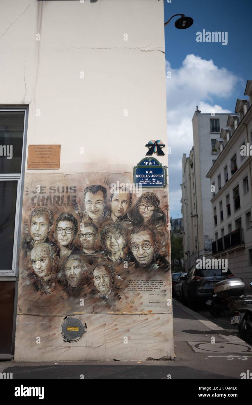 ©PHOTOPQR/LE PARISIEN/Matthieu de Martignac ; Paris ; 01/09/2020 ; Le Mémorial de Charlie Hebdo A la veille de l'ouverture du procès. L’attentat contre Charlie Hebdo est une attaque terroriste islamiste perpétrée contre le journal satirique Charlie Hebdo le 7 janvier 2015 à Paris, jour de la sortie du numéro 1 177 de l'hebdomadaire. C'est le premier et le plus meurtrier des trois attentats de janvier 2015 en France. Les victimes de la tuerie sont les dessinateurs Cabu, Charb, Honoré, Tignous et Wolinski, la psychanalyste Elsa Cayat, l'économiste Bernard Maris, le policier Franck Brinsolaro qu Stock Photo