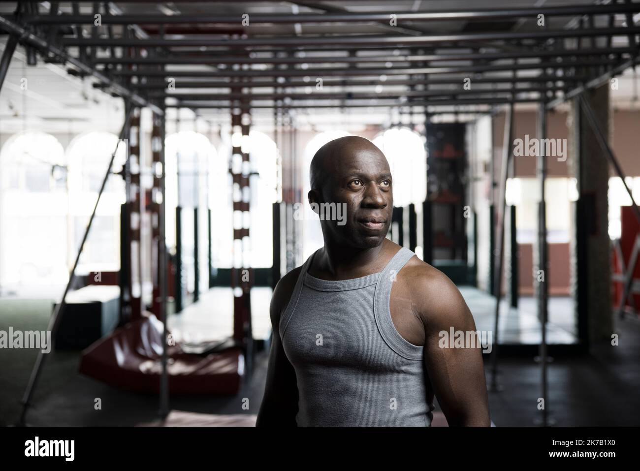 Portrait ambitious man in gym Stock Photo