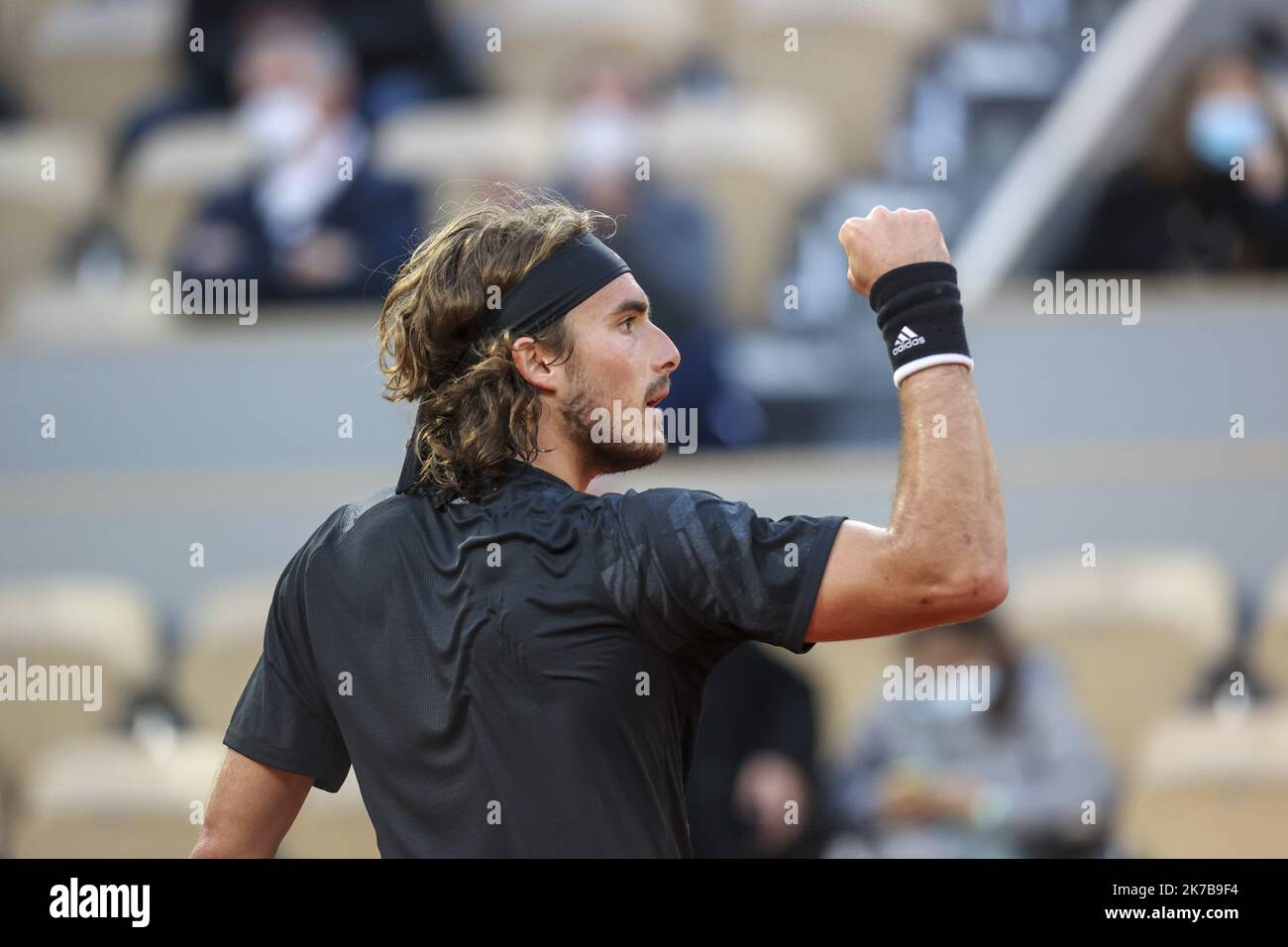 ©Sebastien Muylaert/MAXPPP - Stefanos Tsitsipas of Greece reacts during his Men's Singles quarterfinals match against Andrey Rublev of Russia on day eleven of the 2020 French Open at Roland Garros in Paris, France. 07.10.2020 Stock Photo