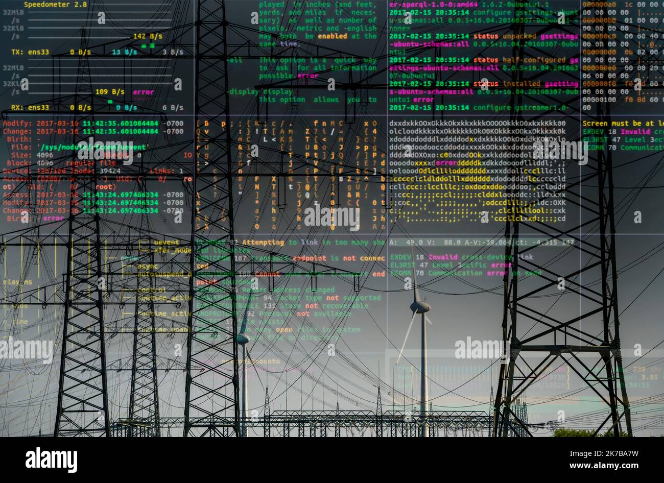 Symbolic image Critical infrastructure, blackout danger, cyberterrorism, extra-high voltage lines, 380 KV, at the Gohrpunkt substation, the power come Stock Photo