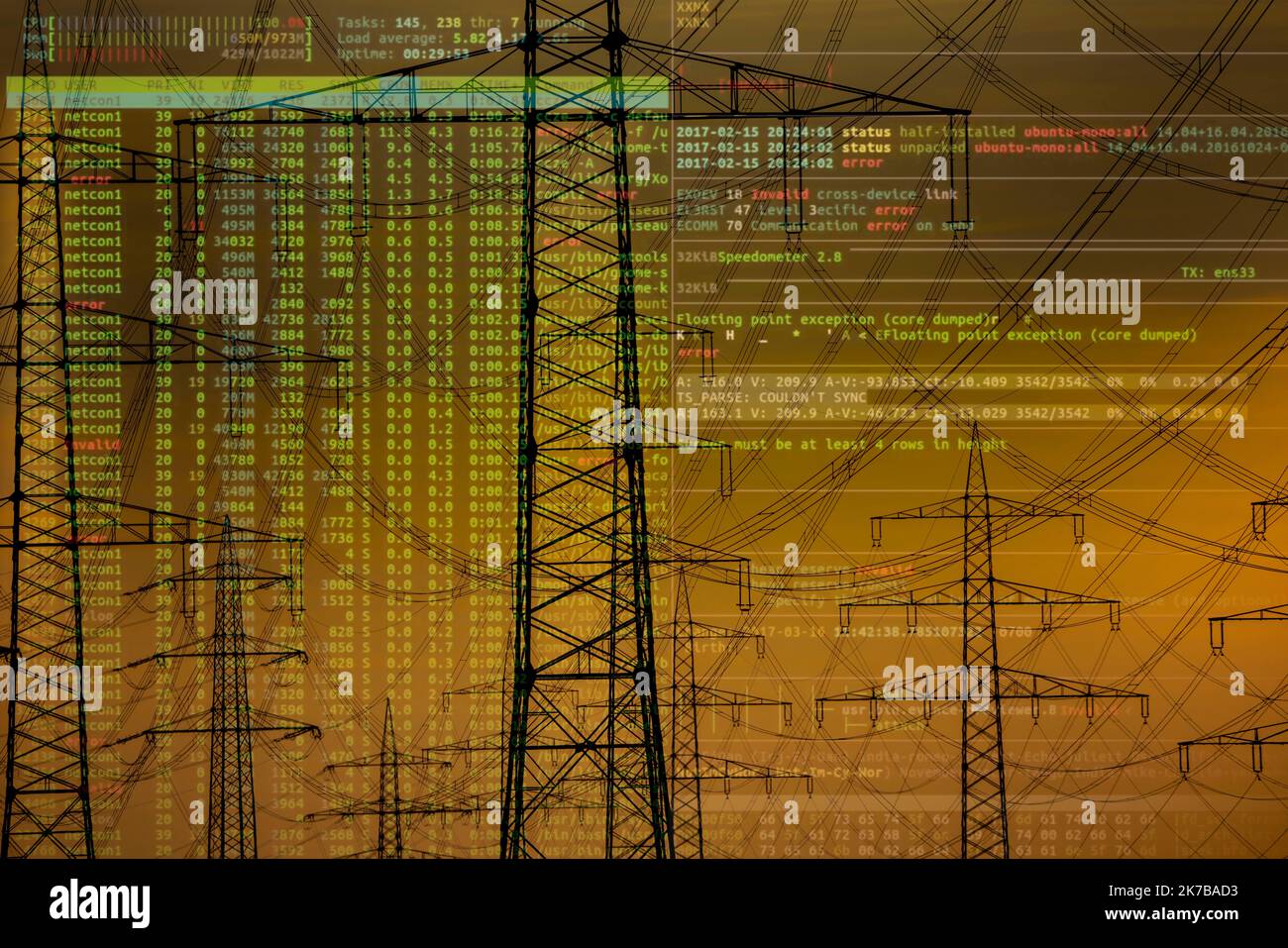 Symbolic image Critical infrastructure, blackout danger, cyberterrorism, extra-high voltage lines, 380 KV, power line, the power comes from the Rhenis Stock Photo