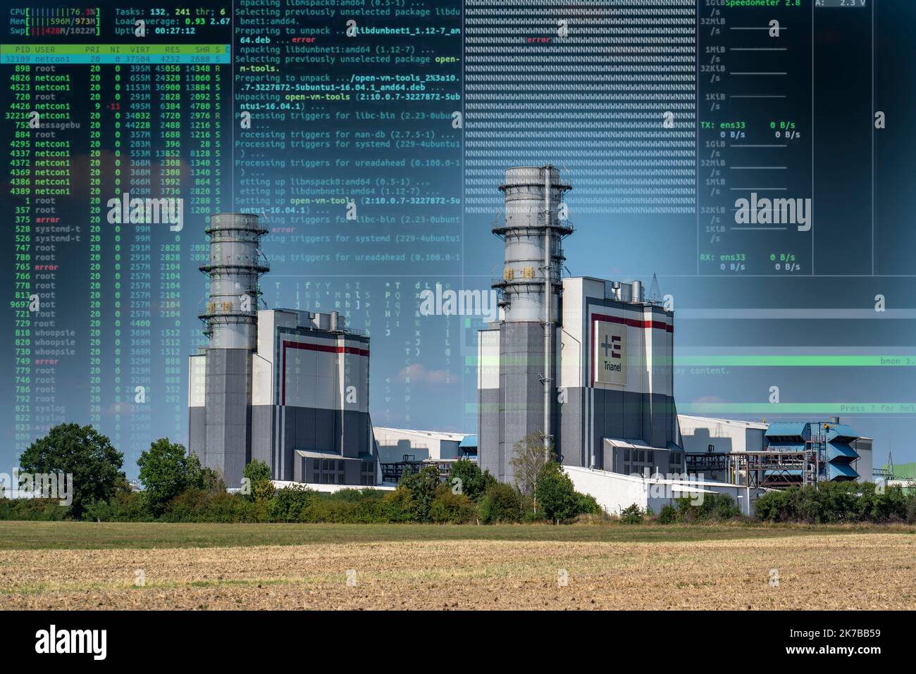 Symbolic image Critical infrastructure, blackout danger, cyberterrorism, Trianel gas and steam combined cycle power plant Hamm-Uentrop, two power plan Stock Photo