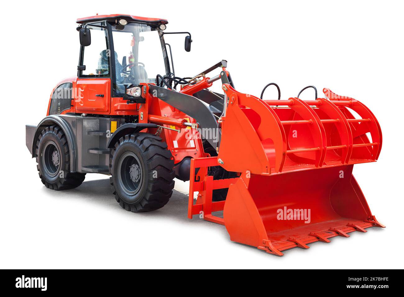 Telescopic loader with different attachments isolated over white, with ...