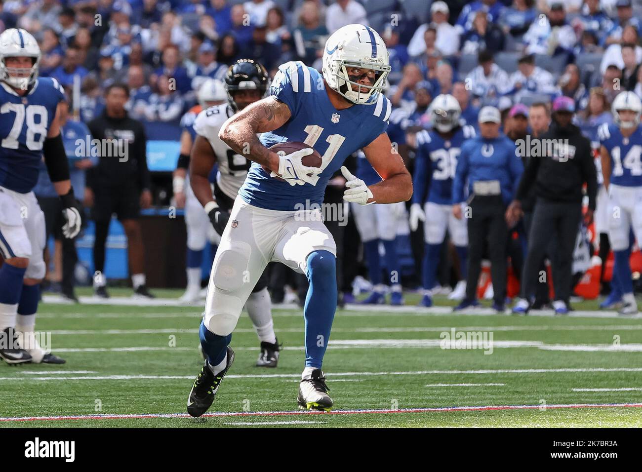 Indianapolis, Indiana, USA. 17th Oct, 2021. Indianapolis Colts tight end Mo  Alie-Cox (81) and Indianapolis Colts wide receiver Michael Pittman (11)  celebrate touchdown during NFL football game action between the Houston  Texans