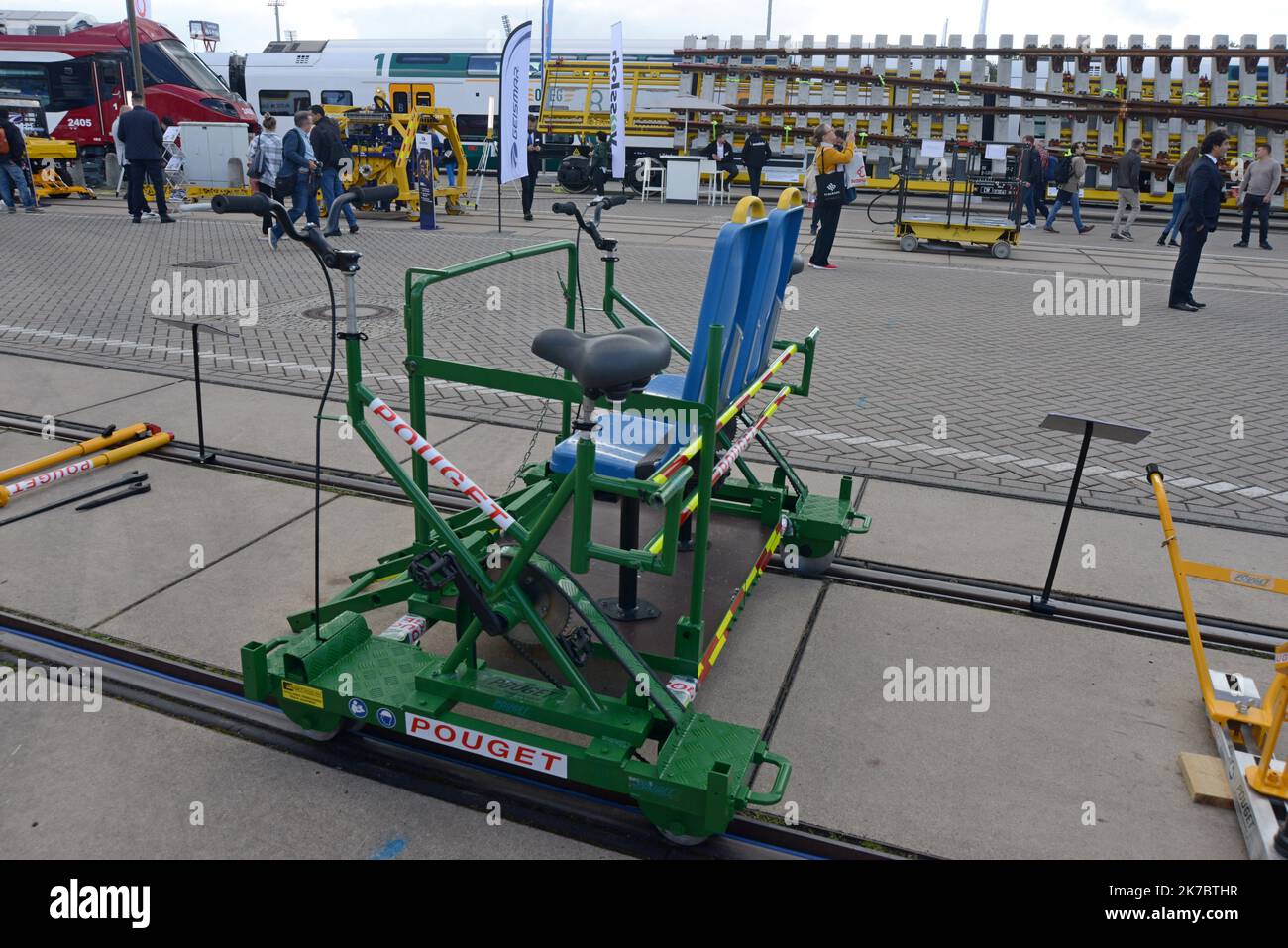 A Pouget pedal powered track maintenace cycle vehicle on display at