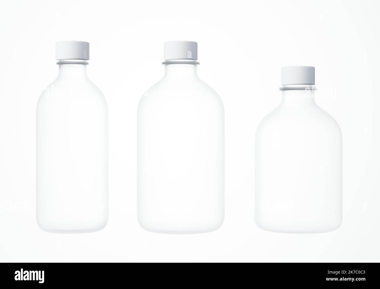 Three different cosmetic bottles on white background 3D render, clear ...
