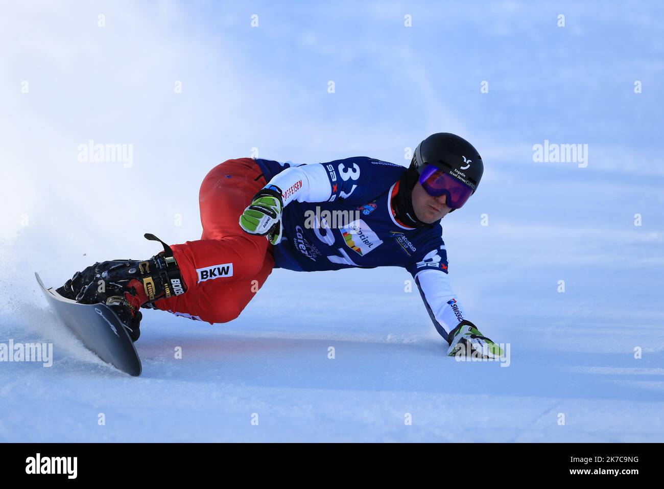 ©Pierre Teyssot/MAXPPP ; FIS Snowboard World Cup - Covid-19 Outbreak Parallel Slalom event on 17/12/2020 in Carezza, Italy. In action Nevin Galmarini (SUI) . Pierre Teyssot / Maxppp  Stock Photo