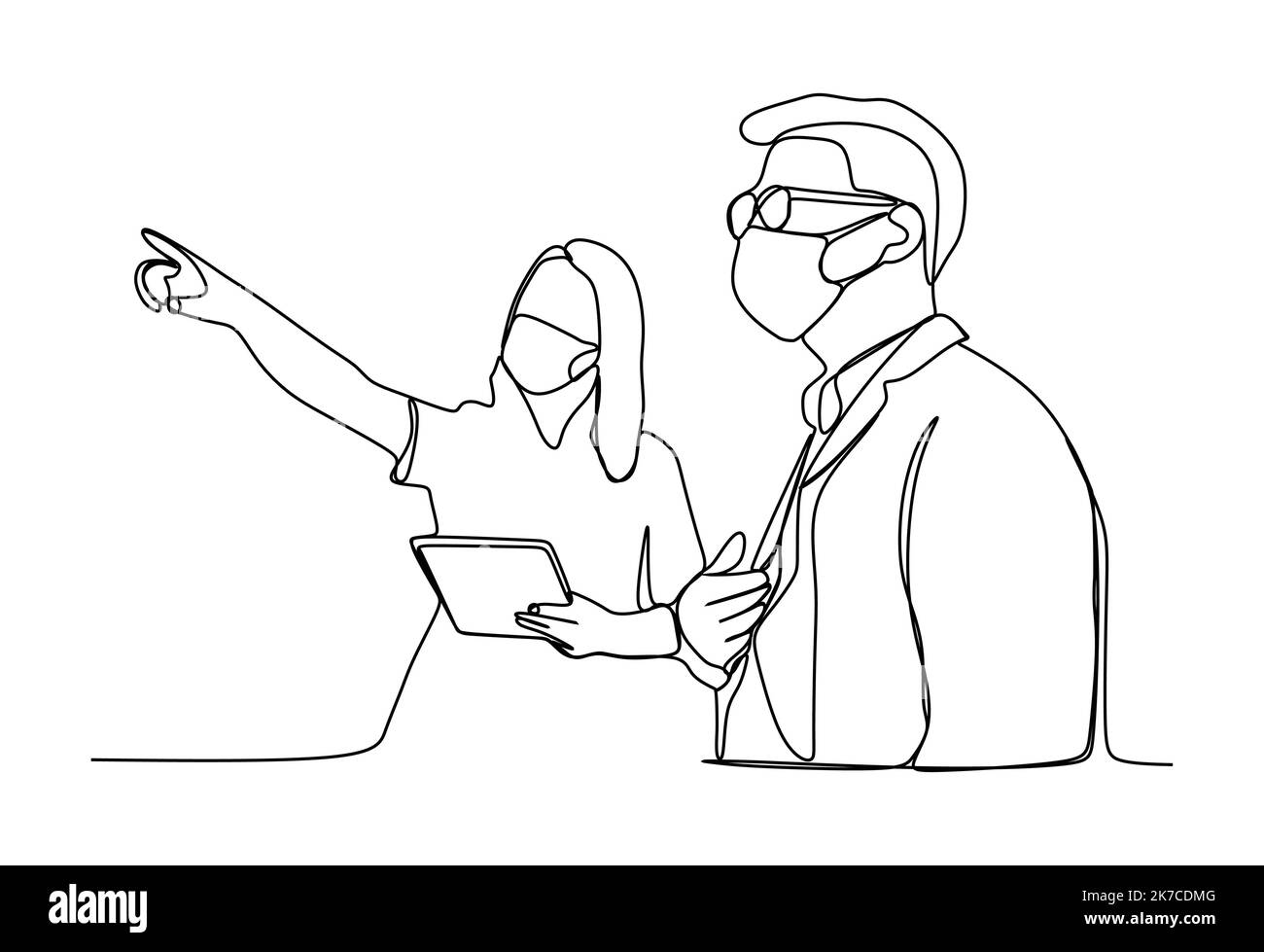 Businesswoman explain about something to the man. They are wearing the face protective mask. Continuous one line drawing Stock Vector
