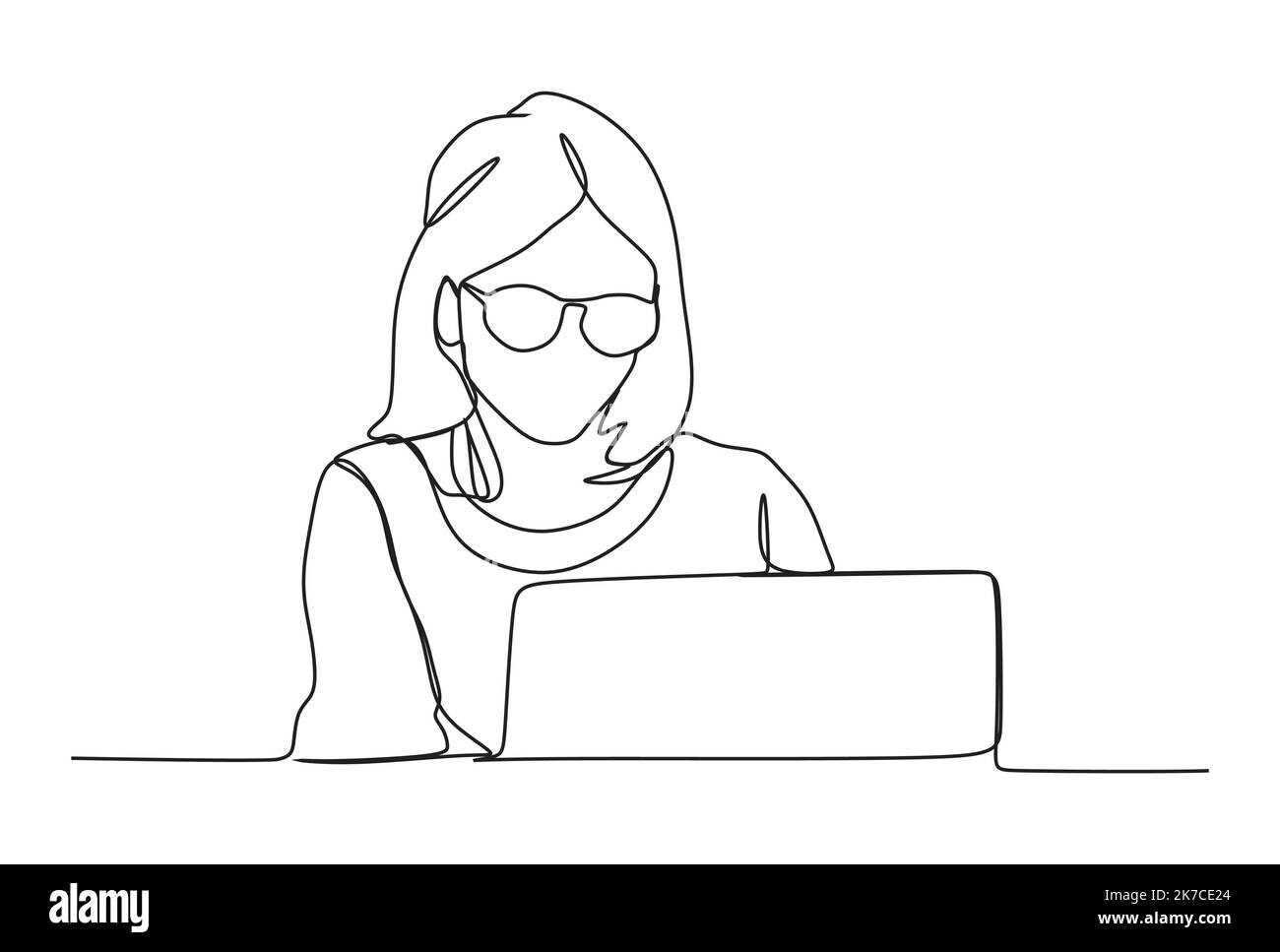 Business woman working on a laptop - Continuous one line drawing Stock Vector