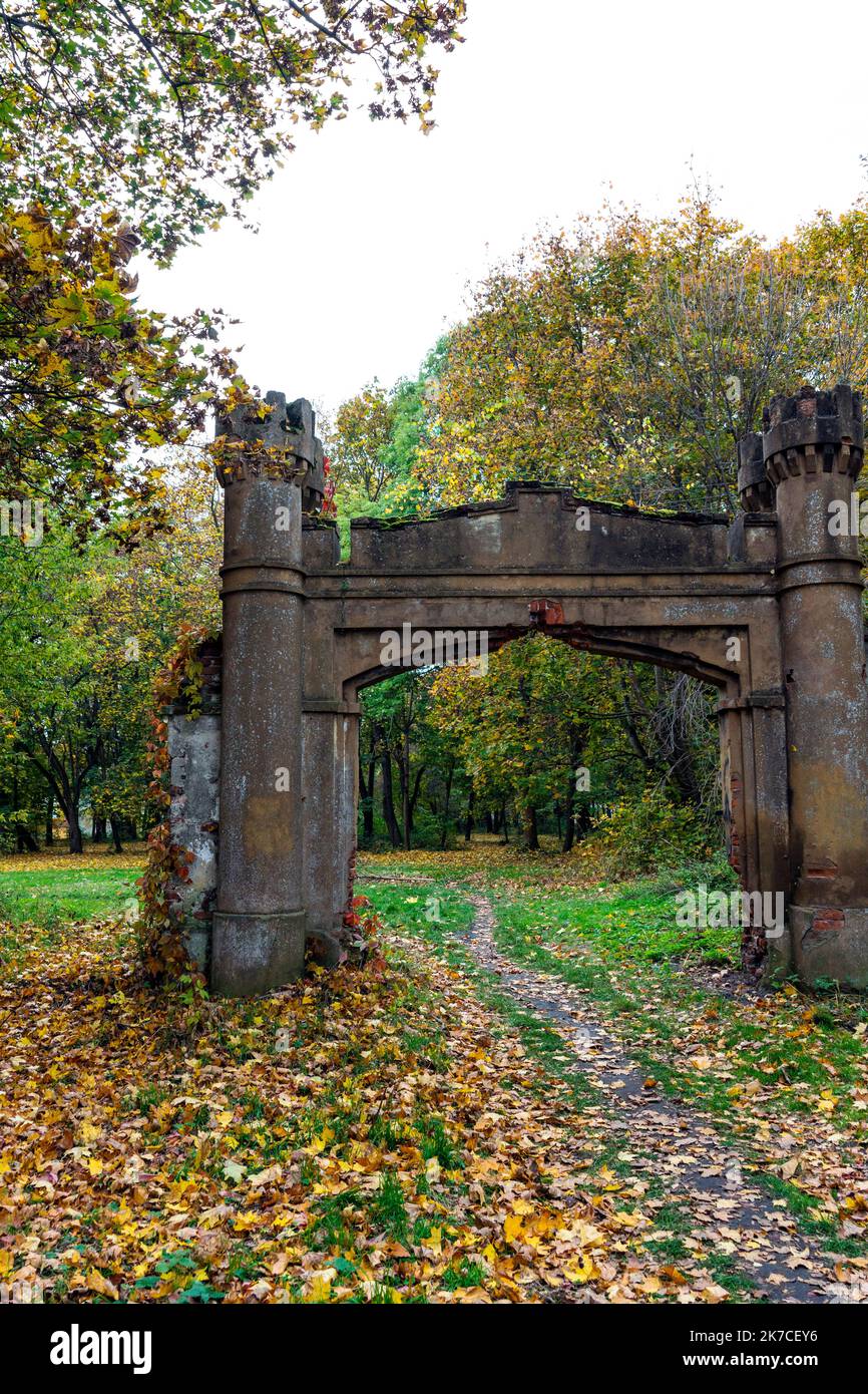 Old gate to the public park during autumn time Stock Photo