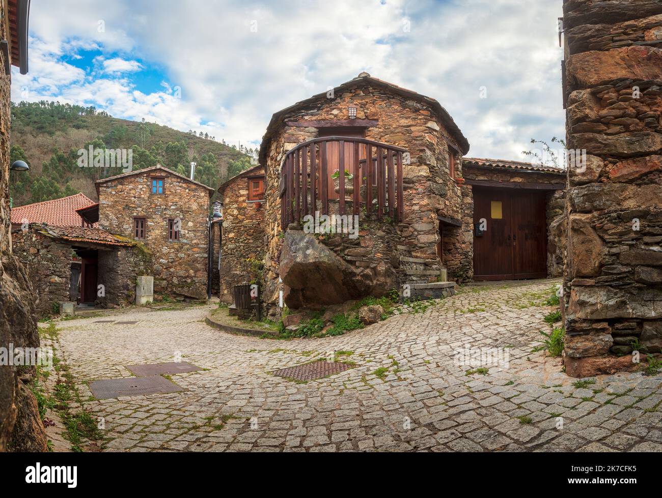 Street view of the village of Pena with its typical schist houses, in the municipality of Góis in Portugal. Stock Photo