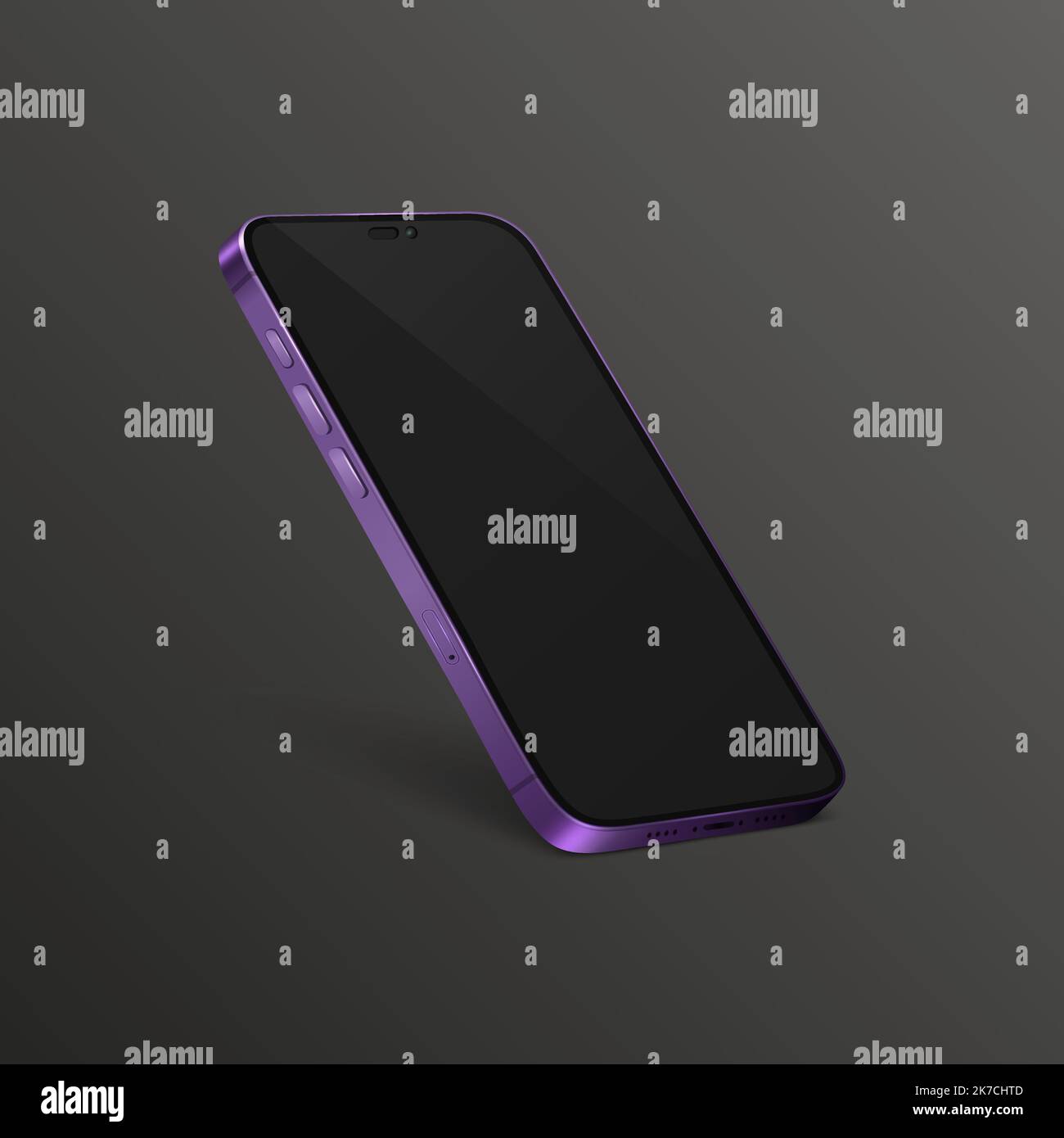 Vector 3d Realistic Purple Modern Smartphone Design Template with Black Screen. Mobile Phone Isolated. Telephone Device UI UX, Phone in Half Turn View Stock Vector