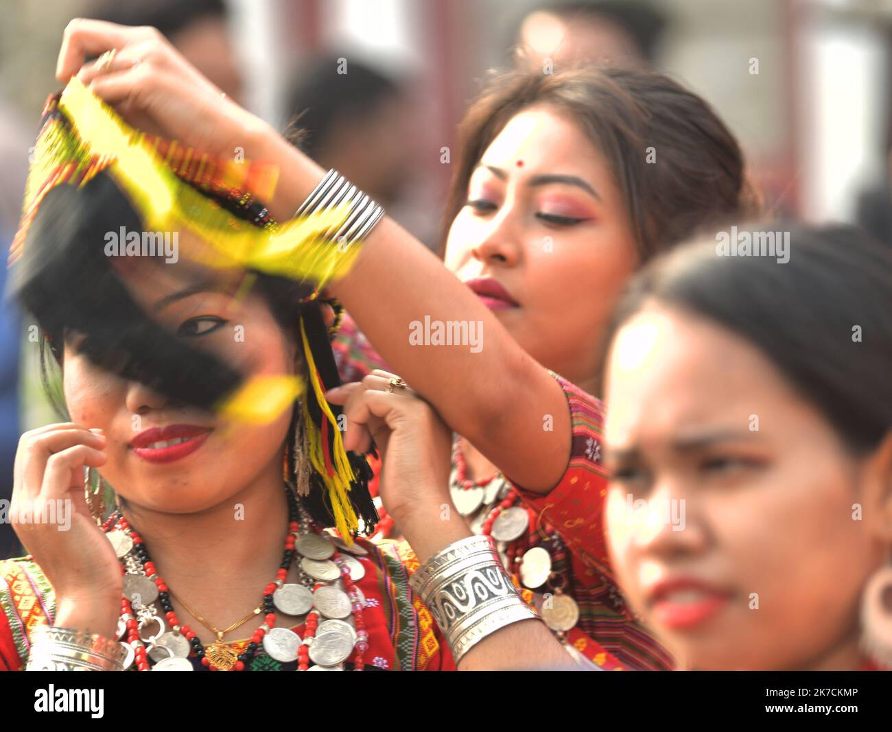 ©Abhisek Saha / Le Pictorium/MAXPPP - Abhisek Saha / Le Pictorium - 19/01/2021 - Inde / Tripura / Agartala - Les artistes se produisent, dans le cadre d'un programme culturel, lors de la celebration de la journee Kokborok, a Agartala. Le Kokborok Day (Tripuri Language Day), est un festival celebre dans l'etat indien de Tripura pour celebrer le developpement de la langue Kokborok. La langue kokborok est une langue officielle du Tripura. / 19/01/2021 - India / Tripura / Agartala - The artists perform, as part of a cultural program, during the celebration of Kokborok Day in Agartala. Kokborok Da Stock Photo