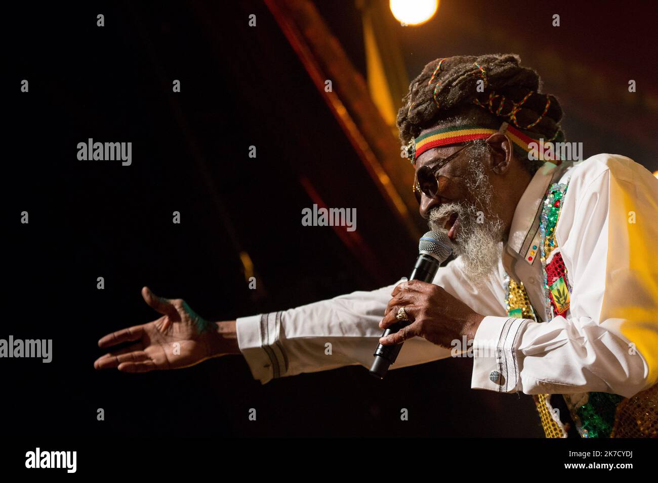 ©Michael Bunel / Le Pictorium/MAXPPP - Michael Bunel / Le Pictorium - 20/07/2014 - France / Paris - Neville O'Riley Livingston, plus connu sous le nom de Bunny Wailer sur la scene du cabaret sauvage, ne le 10 avril 1947 a Kingston, est un auteur-compositeur-interprete jamaicain. Wailer est l'un des membres fondateurs du groupe The Wailers, avec Bob Marley et Peter Tosh. Il chante, compose, et joue des percussions nyabinghi. Il quitte le groupe des Wailers en 1974, afin de poursuivre une carriere solo. / 20/07/2014 - France / Paris - Neville O'Riley Livingston, better known as Bunny Wailer on t Stock Photo