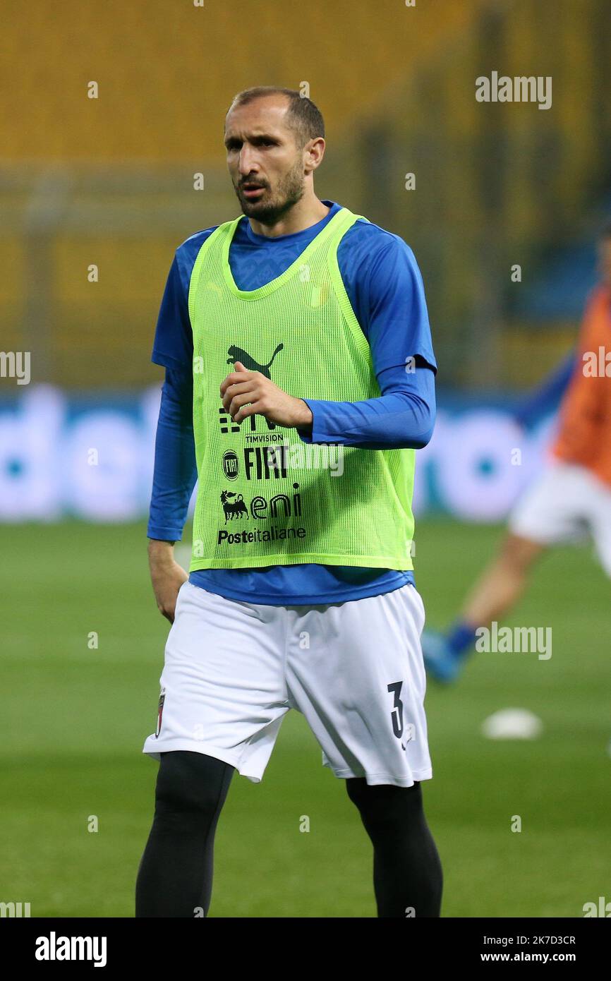 ©Laurent Lairys/MAXPPP - Giorgio Chiellini of Italy during the FIFA World Cup 2022, Qualifiers Group C football match between Italy and Northern Ireland on March 25, 2021 at Ennio Tardini stadium in Parma, Italy - Photo Laurent Lairys / Maxppp Stock Photo