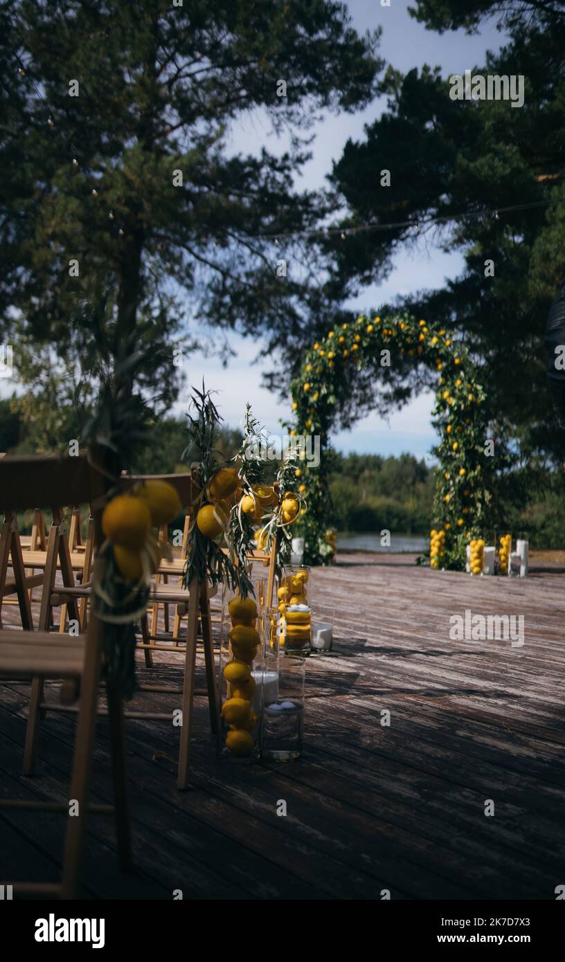 Ceremony area. Wedding arch. A significant summer day. Stock Photo