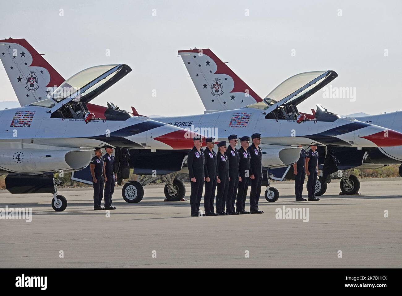 Edwards AFB, CA / USA - Oct. 15, 2022: United States Air Force (USAF) Thunderbirds pilots lined up, facing spectators after a successful flight. Stock Photo