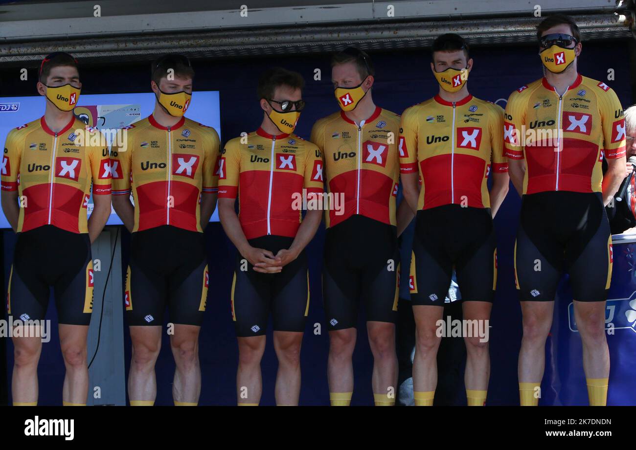 ©Laurent Lairys/MAXPPP - Team Uno-X Pro Cycling during the Les Boucles de la Mayenne 2021, Cycling race Stage 1, Le Genest-Saint-Isle - Ambrières-les-Vallées (175 km) on May 27, 2021 in Ambrières-les-Vallées, France - Photo Laurent Lairys / MAXPPP Stock Photo