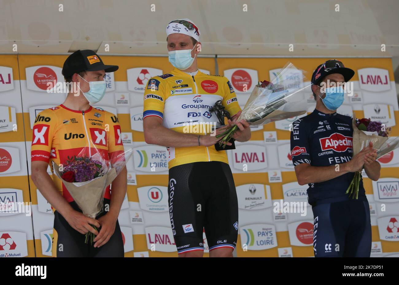 ©Laurent Lairys/MAXPPP - Kristoffer Halvorsen of Uno-X Pro Cycling Team , Arnaud Démare of Groupama - FDJ and Philipp Walsleben of Alpecin-Fenix during the Les Boucles de la Mayenne 2021, Cycling race Stage 4, Méral - Laval (179 km) on May 30, 2021 in Laval, France - Photo Laurent Lairys / MAXPPP Stock Photo