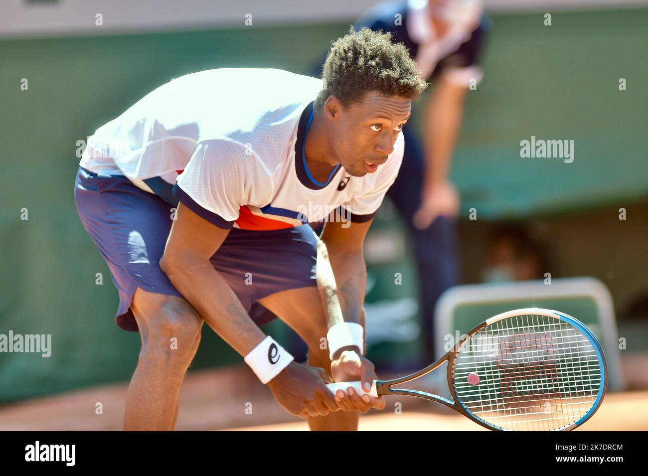 ©FRANCK CASTEL/MAXPPP - French Open Tennis. Roland-Garros 2021. PARIS, FRANCE Gael Monfils of France plays a backhand in their mens first round match against Albert Ramos Vinolas of Spain during day three of the 2021 French Open at Roland Garros on June 01, 2021 in Paris, France Stock Photo