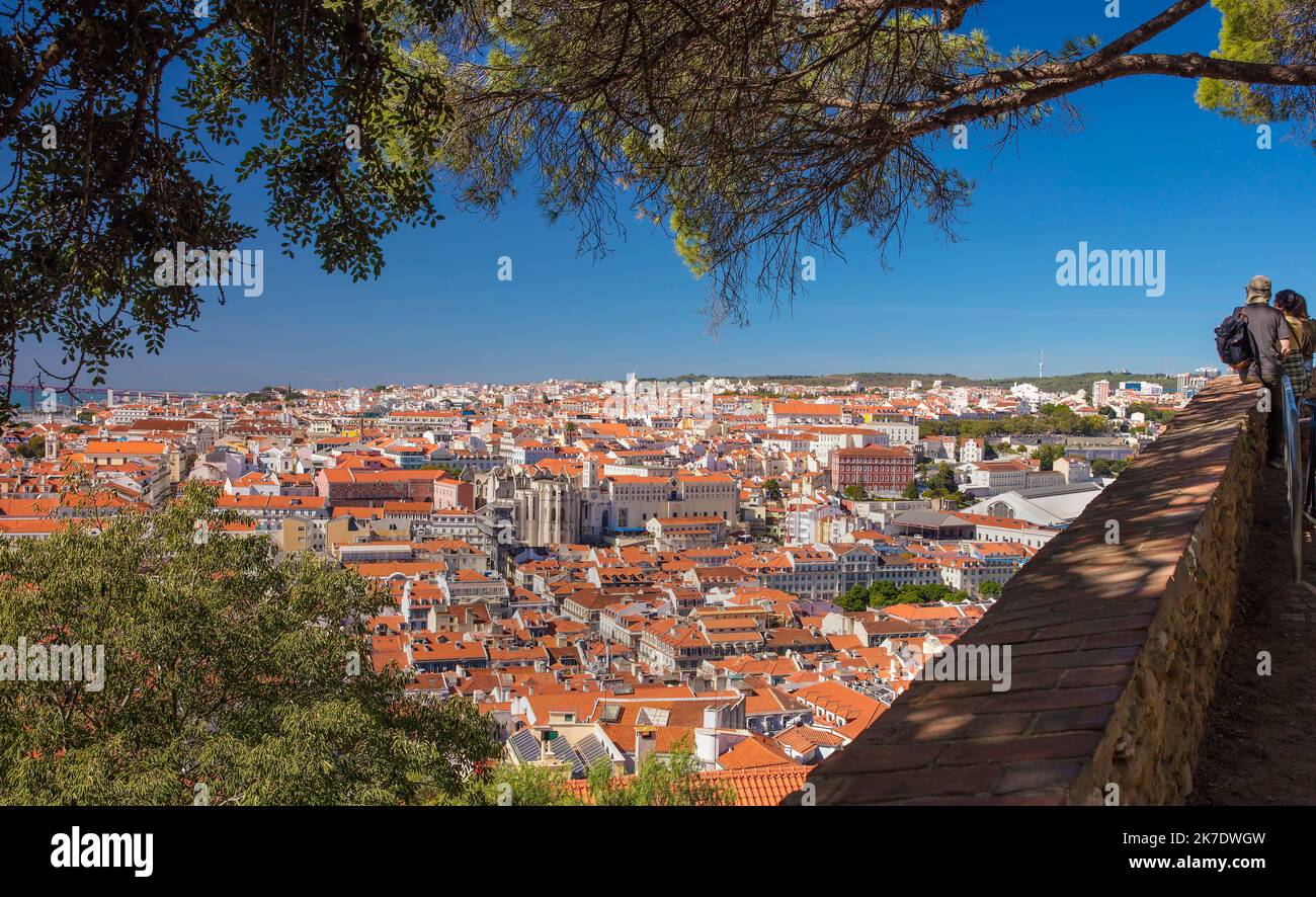 Lisbon, Portugal rooftops in panoramic view from Castelo Sao Jorge Stock Photo