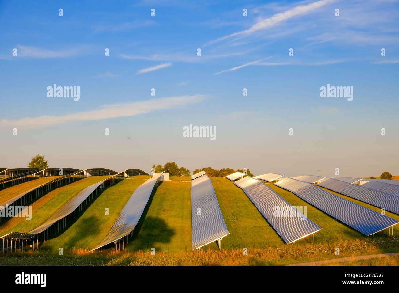 green eco energy.solar power farm.Solar panels field.alternative energy from nature.solar power technology. Alternative energy sources.renewable Stock Photo
