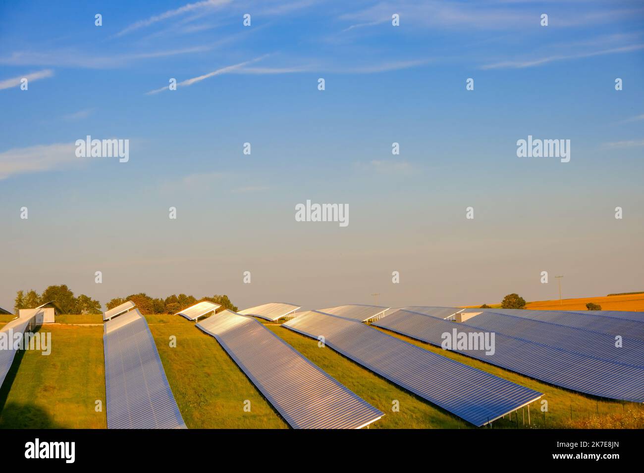 Solar energy.Green eco energy.solar power farm.Solar panels field.alternative energy from nature.solar power technology.  Stock Photo