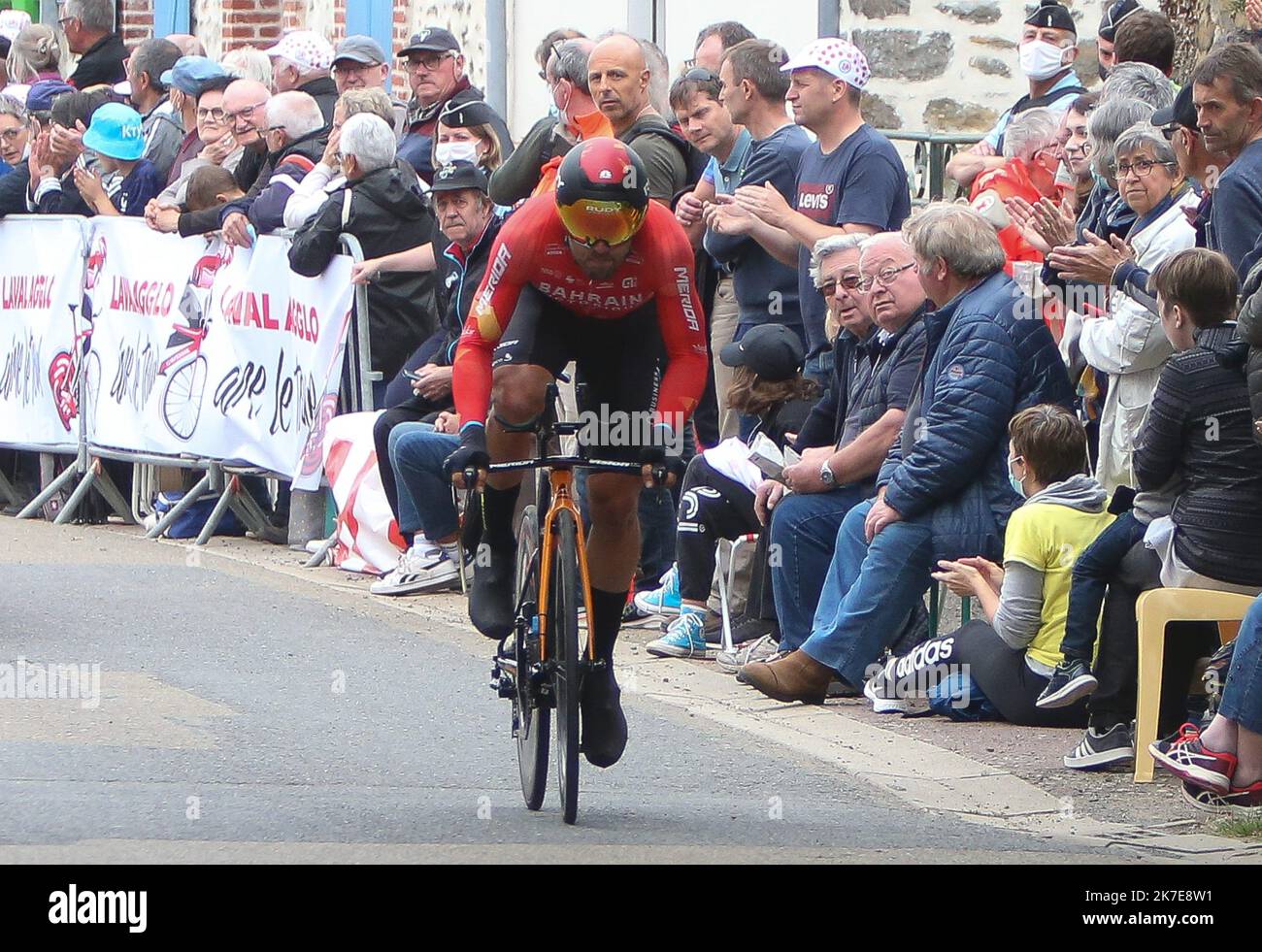 ©Laurent Lairys/MAXPPP - SONNY COLBRELLI of BAHRAIN VICTORIOUS during the Tour de France 2021, Cycling race stage 5, time trial, Change - Laval (27,2 Km) on June 30, 2021 in Laval, France - Photo Laurent Lairys / MAXPPP - 2021 Tour de France stage 5 time trial June 30 2021  Stock Photo