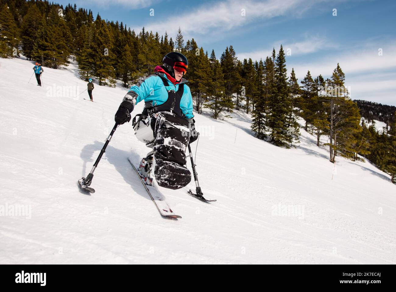 Disabled female skier downhill skiing on sunny snowy slope Stock Photo