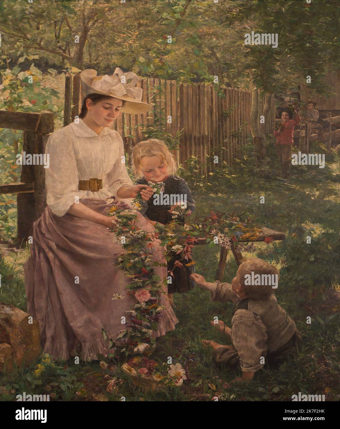 ©Active Museu/MAXPPP - ActiveMuseum 0000065.jpg / L'ete - Ivana Kobilca (1889) - 1889 - / Ivana Kobilca / Peinture Active Museum / Le Pictorium Belt ,Bush ,Child ,Dress ,Fence ,Flower ,Flower necklace ,Forest ,Garden ,Hat ,Kid game ,Knot ,Mother ,Mother and child ,Sitting (to be) ,Slovenian Impressionism ,slovenian impressionists ,Stone ,Summer ,Tree ,Vertical ,Woman ,19th century ,Ivana Kobilca ,Painting ,  Stock Photo