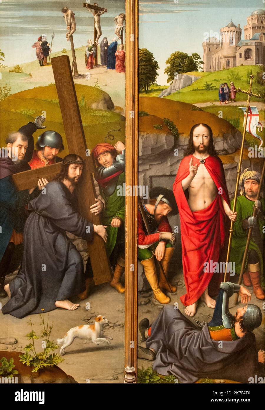 ©Active Museu/MAXPPP - ActiveMuseum 0000471.jpg / Le Christ portant la croix, avec la crucifixion, la resurrection avec les pelerins d'Emmaus - Gerard David (1505) - 1505 - / Gerard David / Peinture Active Museum / Le Pictorium Carry on the back ,Catholic religion ,Christianity ,City ,Cross ,Crucifixion ,Dog ,Effort ,Flag ,Helmet ,Pilgrim ,Religion ,Road ,Roman ,Sacred (faith) ,Spear ,Vertical ,Emmaus ,Jesus Christ ,16th century ,Gerard David ,Painting ,  Stock Photo