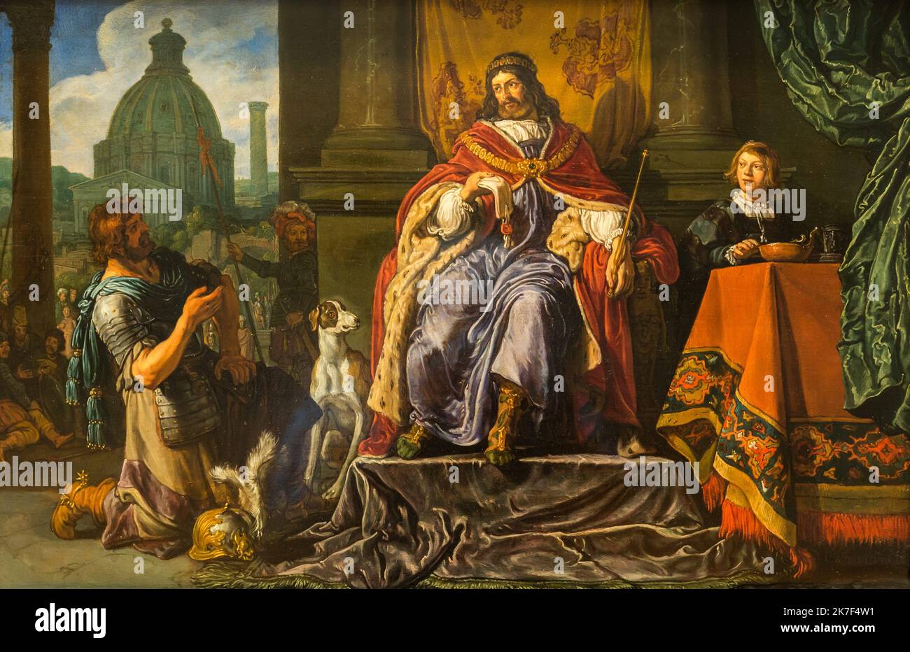 ©Active Museu/MAXPPP - ActiveMuseum 0000516.jpg / David remet une lettre a Uriah pour Joab - Pieter Lastman - / Pieter Lastman / Peinture Active Museum / Le Pictorium Column ,Crown ,Dog ,Dome ,Hat ,Helmet ,Horizontal ,King ,Letter ,Power ,Relief ,Religion ,Sceptre ,Servant ,Spear ,Spur ,Symbol ,Table ,Tableclotch ,Throne ,David ,Joab ,Uriah ,Pieter Lastman ,Painting ,  Stock Photo