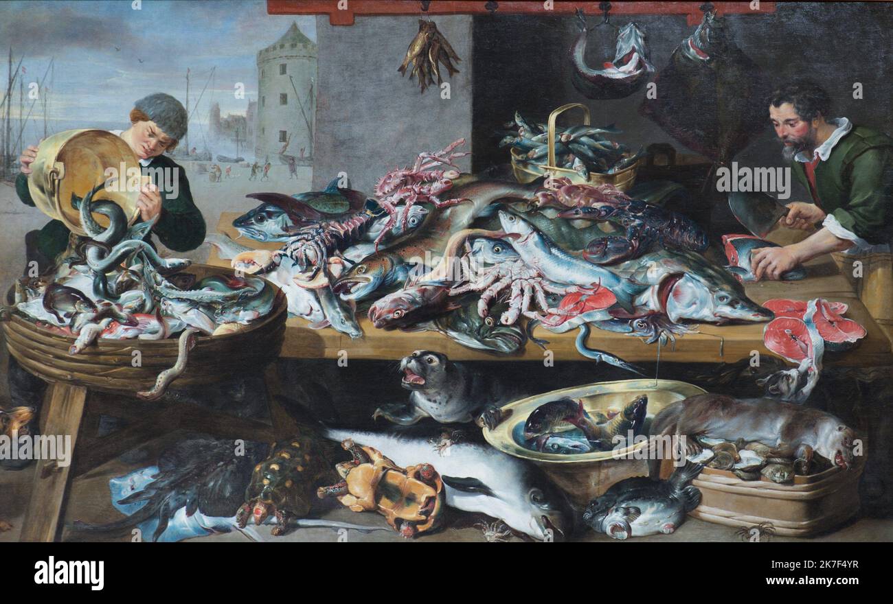 ©Active Museu/MAXPPP - ActiveMuseum 0000572.jpg / Les marchands de poissons - Frans Snyders (1616)- 1616 - / Frans Snyders / Peinture Active Museum / Le Pictorium Cloudy sky ,eel ,Fish ,Fishing port ,Food ,Food stall ,Harbour ,Hat ,Horizontal ,Ice (frost) ,Knife ,Sailboat ,Sea ,Sea turtle ,Seal ,Shellfish ,Shopkeeper ,Sturgeon ,17th century ,Frans Snyders ,Painting ,  Stock Photo