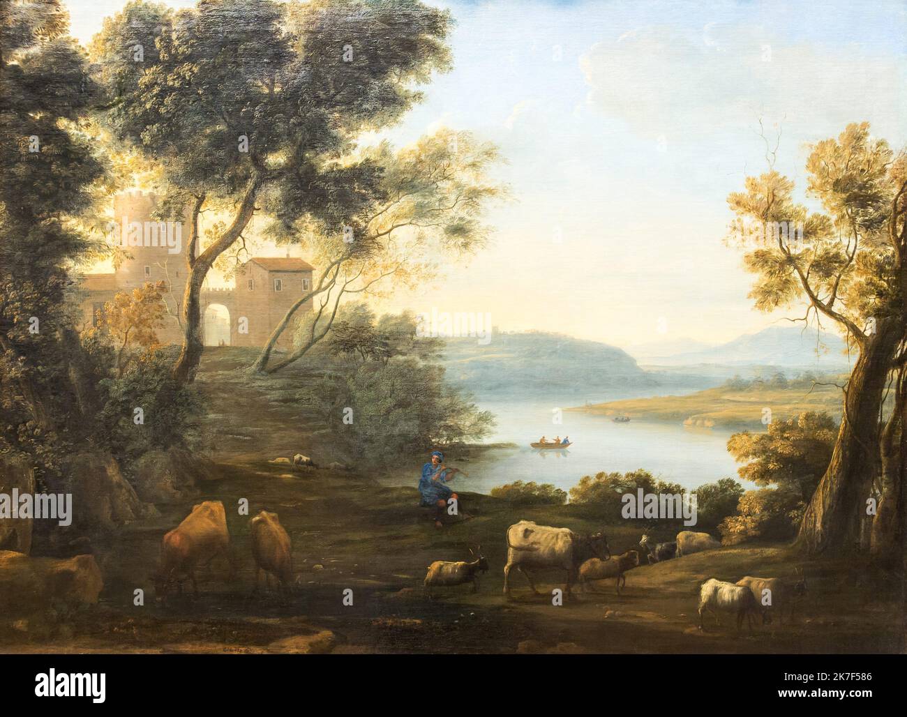 ©Active Museu/MAXPPP - ActiveMuseum 0000704.jpg / Paysage Champetre : La Campage Romaine, 1639 - Claude Lorrain - Pastoral Landscape : The Roman Campagna 1639 - / Claude Lorrain / Peinture Active Museum / Le Pictorium Blue sky ,Cattle ,Classic (style) ,Classicism ,Countryside ,Fortress ,Horizontal ,Landscape ,Musician ,Nature ,River (small) ,Small boat ,Tree ,Water ,17th century ,Claude Lorrain ,Painting ,  Stock Photo