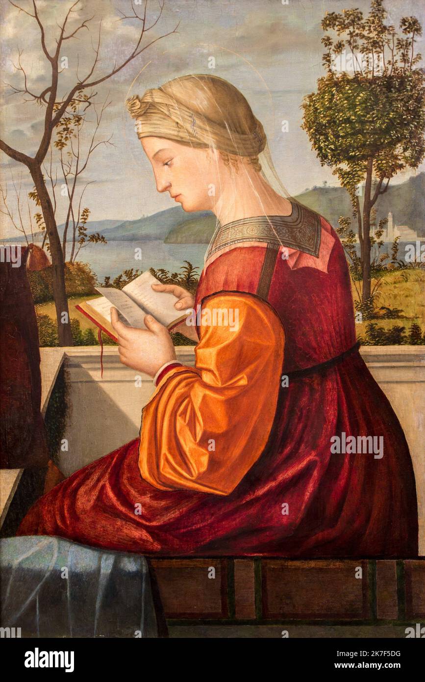 ©Active Museu/MAXPPP - ActiveMuseum 0000968.jpg / La Lecture de la Vierge, 1505 - Vittore Carpaccio - The Virgin Reading 1505 - / Vittore Carpaccio / Peinture Active Museum / Le Pictorium Book ,Nature ,Opened book ,Plan of water (lake ,pond) ,Read (to) ,Reading ,Religion ,Renaissance ,Tree ,Vertical ,Virgin ,Woman ,Mary (mother of Jesus) ,16th century ,Vittore Carpaccio ,Painting ,  Stock Photo