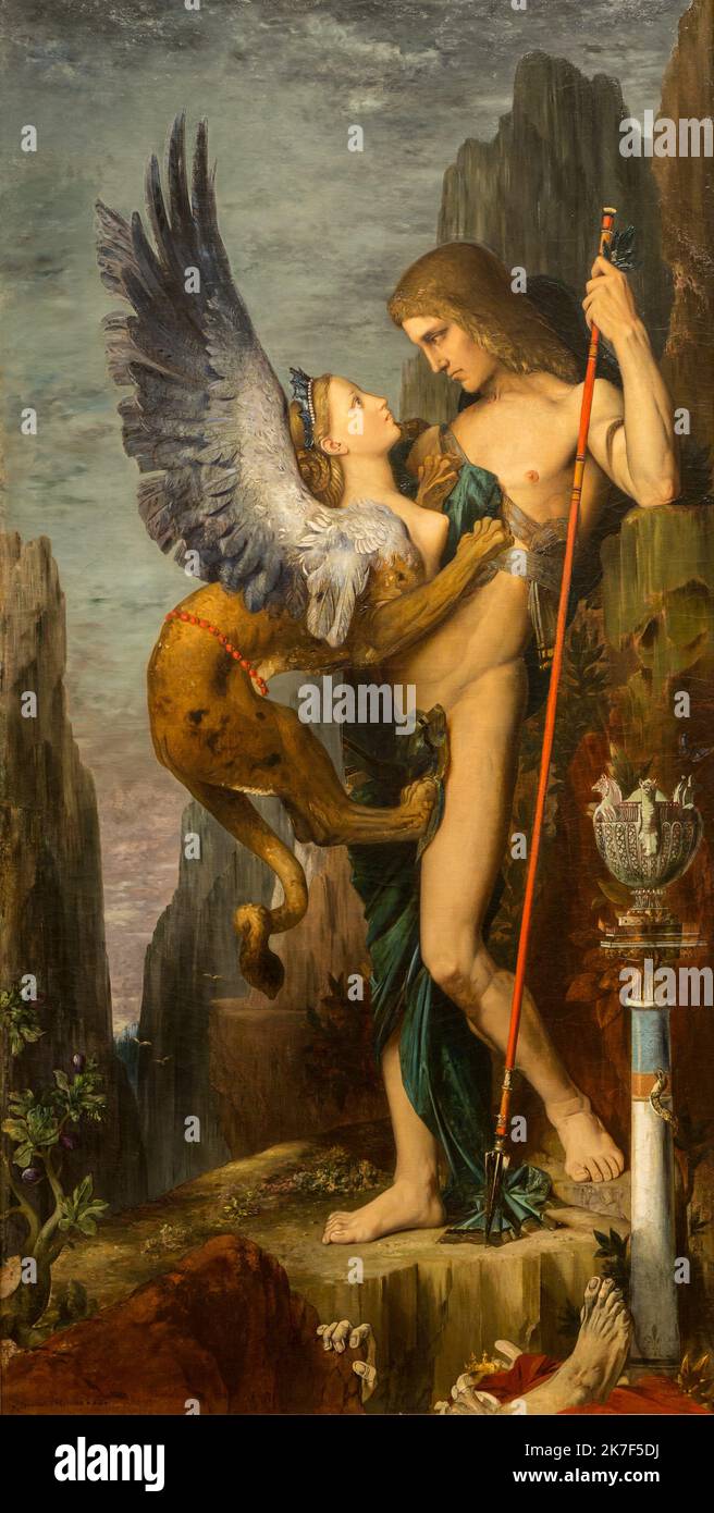 ©Active Museu/MAXPPP - ActiveMuseum 0000845.jpg / Oedipe et le Sphinx, 1864 - Gustave Moreau - Oedipus and the Sphinx 1864 - / Gustave Moreau / Peinture Active Museum / Le Pictorium Ancient Greece ,Conindrum ,Death ,Gorge (deep ravine) ,Greek ,Man ,Menacing sky ,Mountain ,Mythology ,Robe ,Rock (Stone) ,Spear ,Sphinx ,Symbolism ,Vertical ,Wing (animal) ,Woman ,Young boy ,Oedipus ,19th century ,Gustave Moreau ,Painting ,  Stock Photo