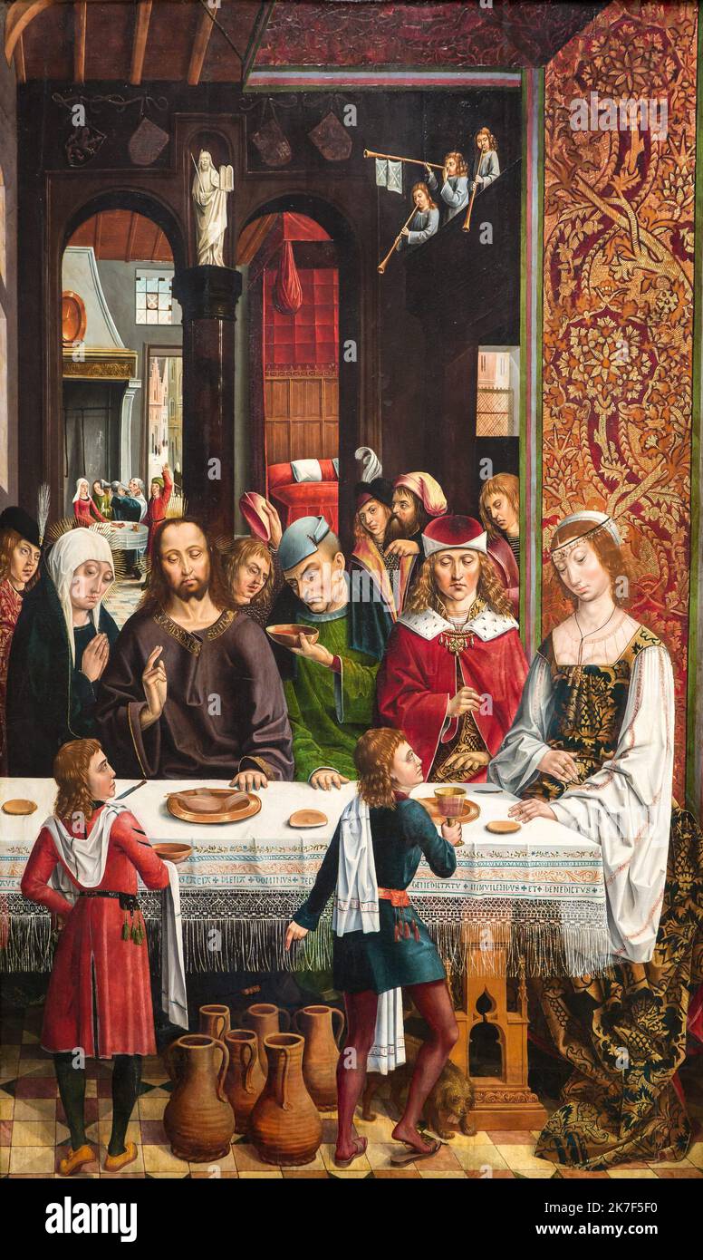 ©Active Museu/MAXPPP - ActiveMuseum_0000886.jpg / Les Noces de Cana, 1495 - Le Maitre des Rois Catholiques - The Marriage at Cana 1495 - / Maitre des Rois Catholique / Les Noces de Cana, 1495 - Le Maitre des Rois Catholiques - The Marriage at Cana Active Museum / Le Pictorium banquet ,Celebration meal ,Meal ,miracle ,Pitcher ,Servant ,Serve (to) ,Table ,Tapestry ,Transformation ,Trumpet ,Vertical ,Water ,Wedding party ,Wine ,Jesus Christ ,XVth century ,Master of the Catholic Kings ,? Les Noces de Cana ,1495 - Le Maitre des Rois Catholiques - The Marriage at C ? ,  Stock Photo