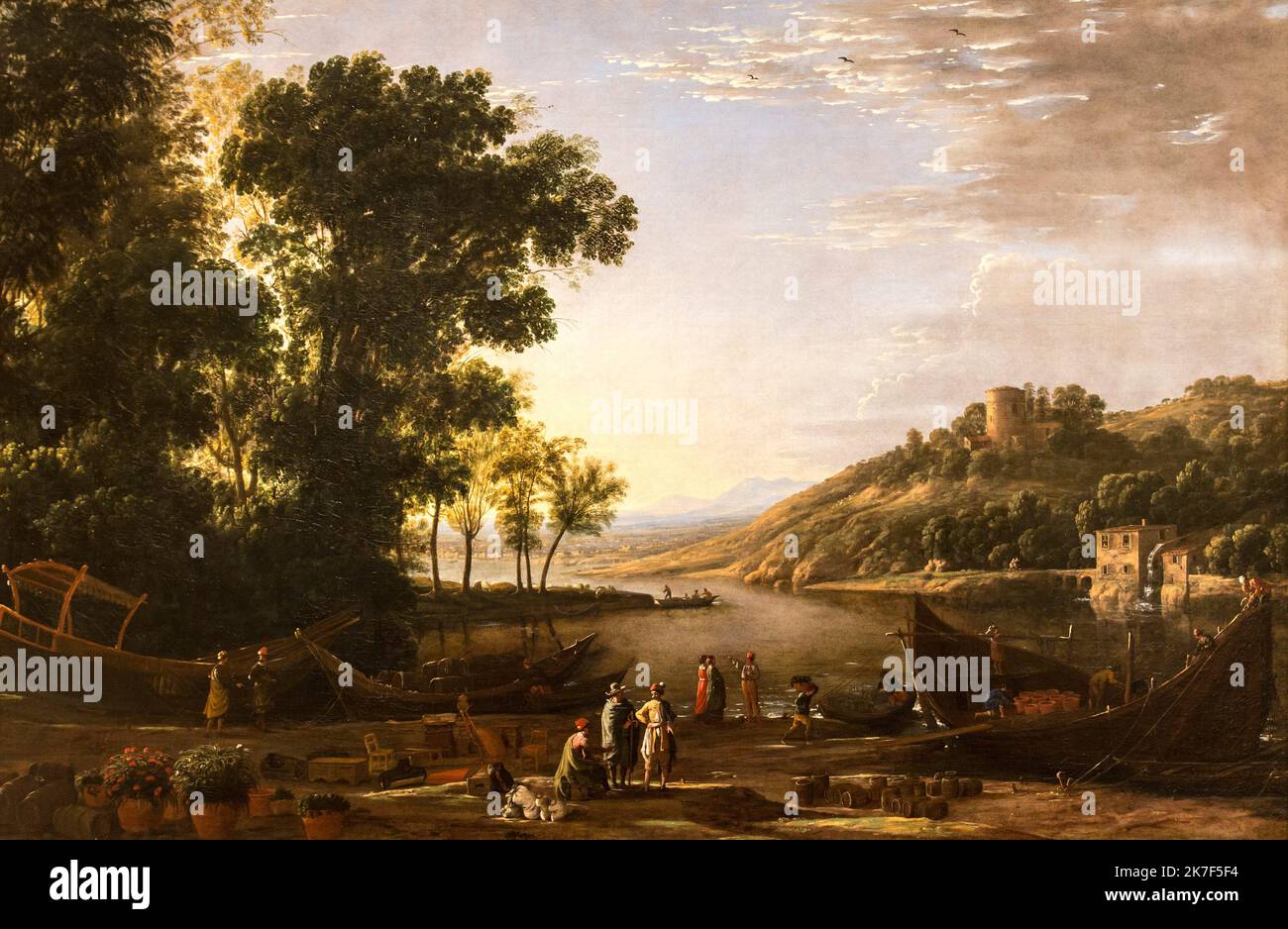 ©Active Museu/MAXPPP - ActiveMuseum 0000893.jpg / Paysage avec des Marchands, 1630 - Claude Lorrain - Landscape with Merchants 1630 - / Claude Lorrain / Peinture Active Museum / Le Pictorium Boat ,Classicism ,Flower ,Goods ,Group ,Horizontal ,Jar ,Landscape ,Nature ,Shopkeeper ,Sky ,Small boat ,Trade ,Tree ,Unloading ,watercourse ,Watermill ,17th century ,Claude Lorrain ,Painting ,  Stock Photo