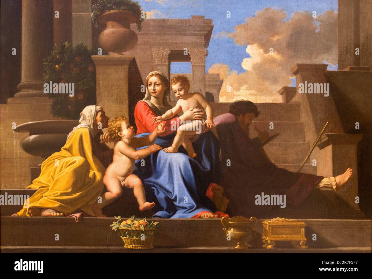 ©Active Museu/MAXPPP - ActiveMuseum 0000894.jpg / La Sainte Famille sur les Marches, 1648 - Successeurs de Nicolas Poussin 1648 - / Nicolas Poussin / Peinture Active Museum / Le Pictorium Baby ,Blue sky ,Catholic religion ,Child ,Classicism ,Family ,Fruit tree ,Horizontal ,Jar ,Man ,Orange (citrus fruit) ,Palace ,Rest ,Saint ,Step ,Successor ,Vase ,Woman ,Jesus Christ ,Joseph (Jesus's father) ,Mary (mother of Jesus) ,17th century ,Nicolas Poussin ,Painting ,  Stock Photo