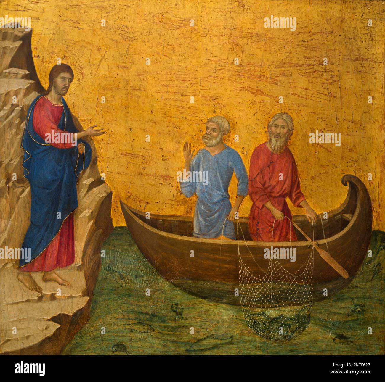 ©Active Museu/MAXPPP - ActiveMuseum 0001079.jpg / L'appel des Apotres Pierre et Andre, 1308 - Duccio di Buoninsegna - The CAlling of the Apostles Peter and Andrew 1308 - / Duccio di Buoninsegna / Peinture Active Museum / Le Pictorium Apostle ,Bank (shore) ,Boat ,call ,Catholic religion ,Fisherman ,Fishing net ,Gothic ,Horizontal ,Medieval Painting ,Oar ,Rock (Stone) ,Saint ,Sea ,Small boat ,Wood (material) ,Jesus Christ ,Saint Andrew ,Saint Peter ,XIVth century ,Duccio ,Painting ,  Stock Photo